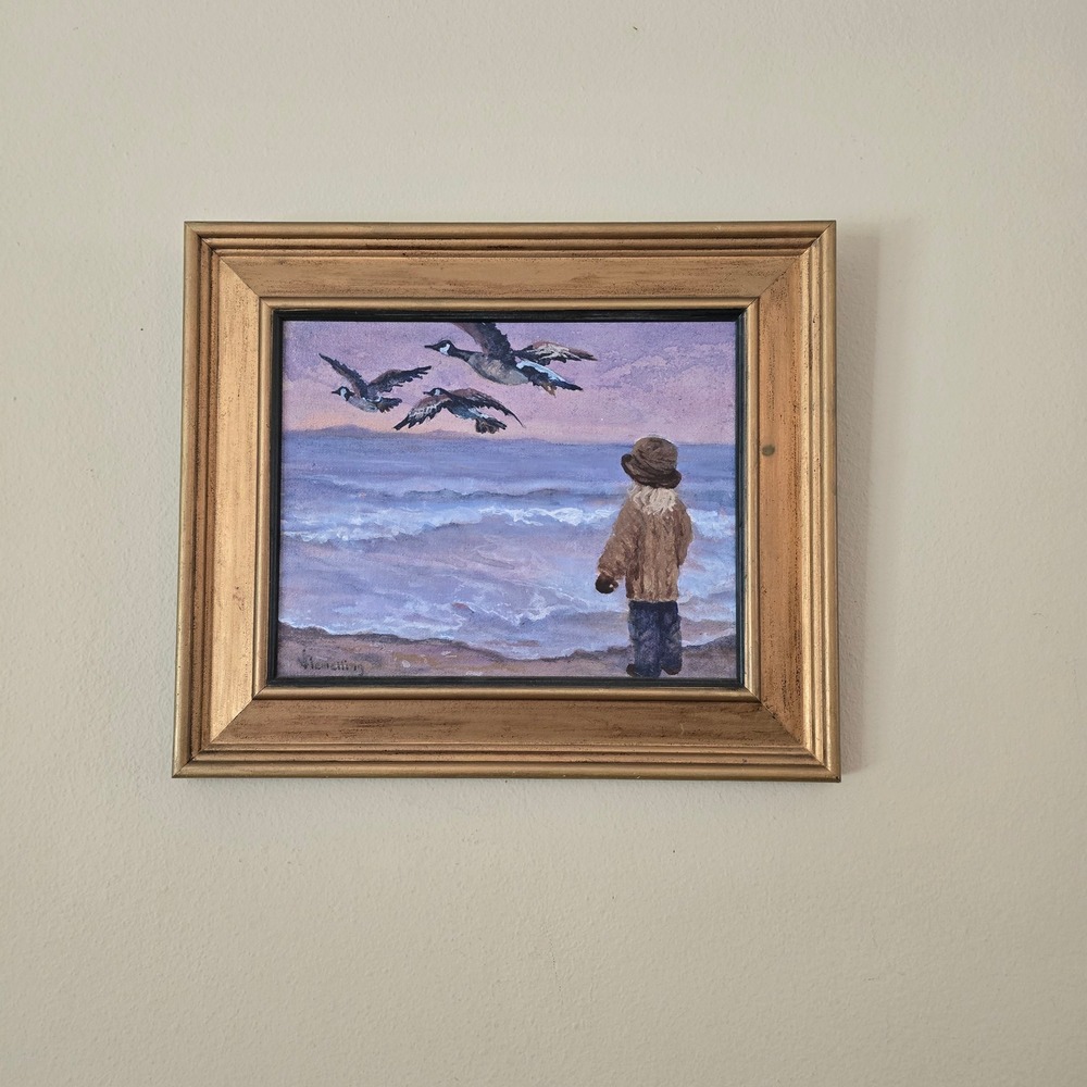 Original Oil Painting Child and Geese Beach Coastal Scene Gold Framed Art